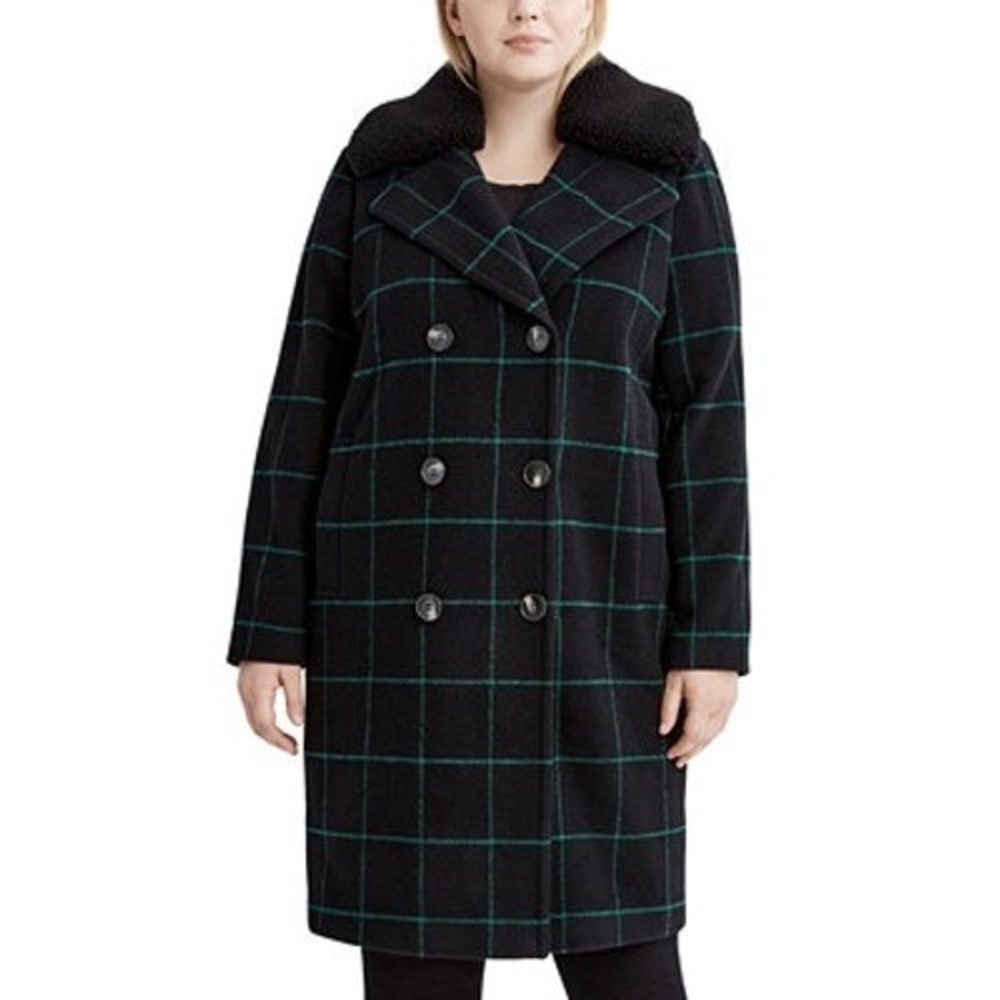 Tahari Plaid Wool Blend Coat Faux Fur Collar Double‎ Breasted Black Green 2X